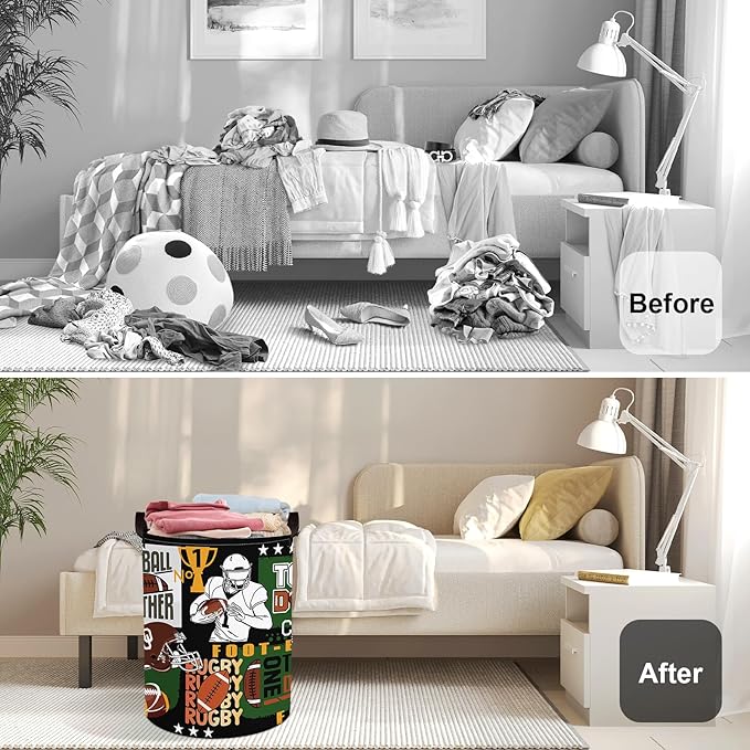 Comic Balls Baby Laundry Hamper Collapsible Clothes Kids Storage Basket Large Boys Gift Toy Box Bin for Nursery Room, Rugby, 63L