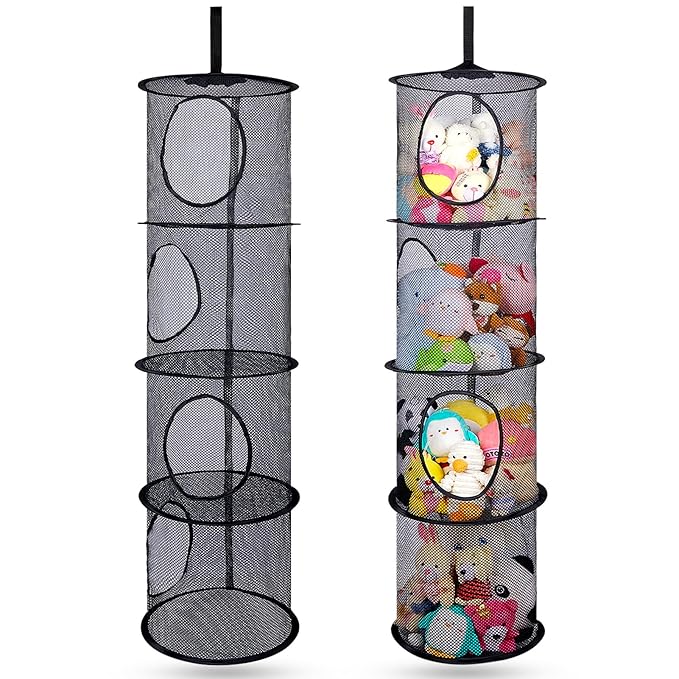 Basumee Stuffed Animals Net or Hammock 2 Pcs Stuffed Animals Storage Toy Net Hammock for Plushies Storage Organizer Mesh Kids Girls Room Decor, Black, 4 Tiers