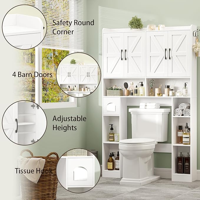 Vabches Over The Toilet Storage Cabinet with 4 Barn Doors, Bathroom Organizer with Toilet Paper Holder & Adjustable Shelves, Space-Saving Farmhouse Toilet Shelf for Bathroom,Restroom,Laundry