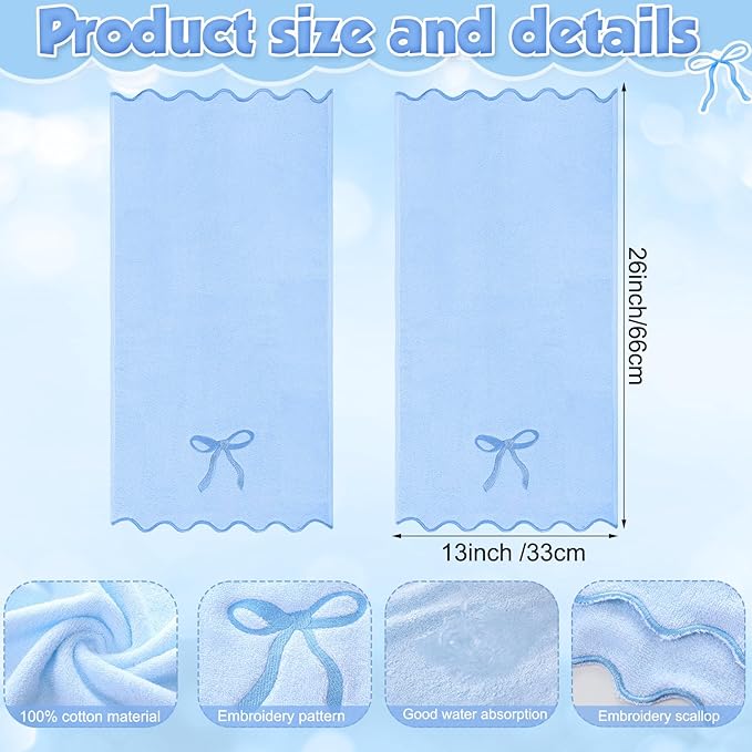 2 Pcs Blue Scalloped Hand Towels for Bathroom 26 x 13 Embroidery Coquette Bow Hand Towels 100% Cotton Soft Absorbent Boho Bath Decor for Kitchen Bathroom