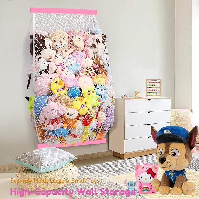 Stuffed Animal Storage Net, Elastic Stuffed Toy Holder,Door/ Wall Mount Length Adjustable Hanging Stuffy Animal Organizer, Plushie Net For Nursery Play Room-Pink Boards