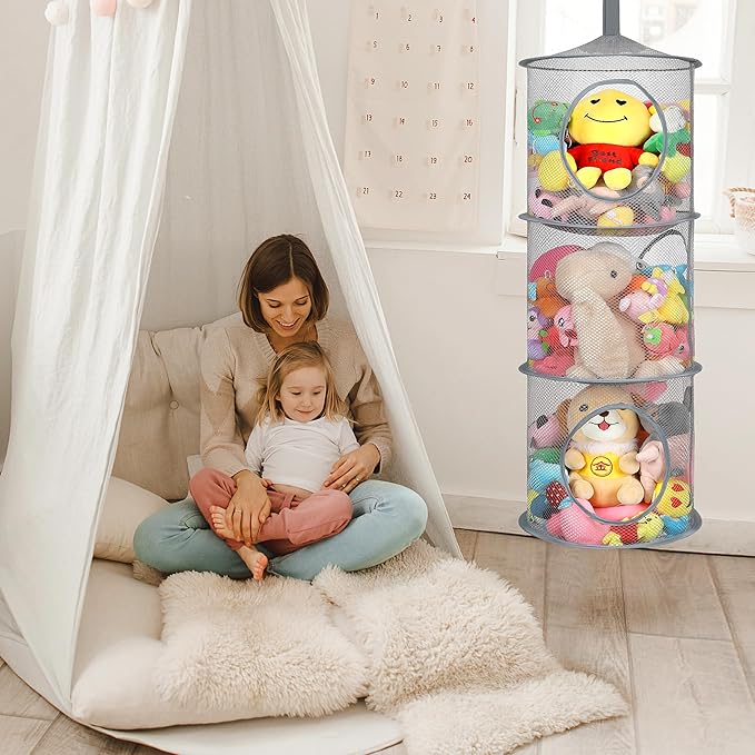 coastal rose 2Pcs Stuffed Animal Storage Foldable Stuffed Animal Net or Hammock Organizer, 3 Compartments Hanging Mesh Toy Storage Hammock for Kid Room Toys, Gloves, Hats, Socks（Grey）