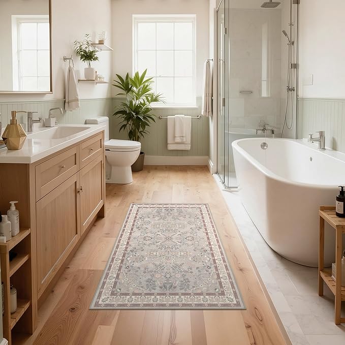 GRANNY SAYS Boho Bathroom Rugs 26"x 18" Non-Slip, Quick Dry & Washable, Vintage Bath Rug, Distressed Farmhouse Plush Velvet Bath Mat, Absorbent for Shower Toilet Sink, Pet Friendly - Flower Beige