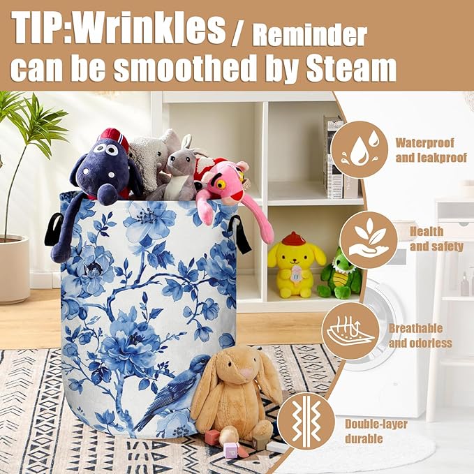Blue Flower Bird Laundry Basket, Foldable Waterproof Laundry Hamper Tote Bag Dirty Clothes Storage Bucket Toy Organizer for Bathroom/Laundry/Bedroom 15.7"x19.6"