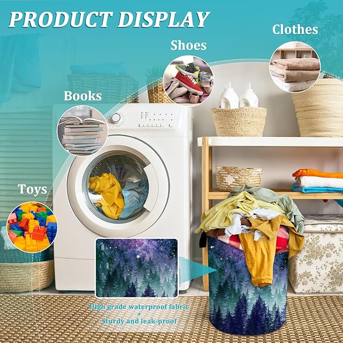 Galaxy Laundry Basket, Purple Forest Laundry Hamper Funny Tote Bag Dirty Clothes Storage Bucket Toy Organizer for Bathroom/Laundry/Bedroom 15.7"x19.6"