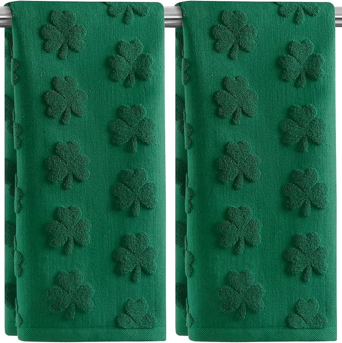 2 Pack St. Patrick's Day Hand Towels Kitchen Dish Towels Green Shamrock 100% Cotton Soft Absorbent Decorative Bathroom Towels Set for Cleaning, Cooking, Swimming,Gifts,13.7'' x 29.5''