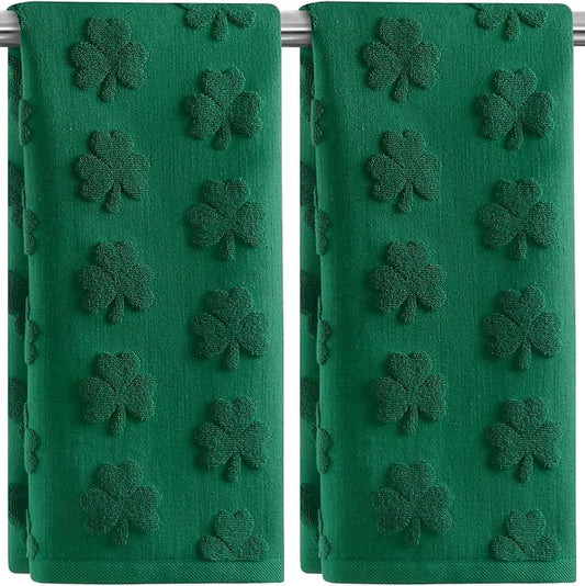 2 Pack St. Patrick's Day Hand Towels Kitchen Dish Towels Green Shamrock 100% Cotton Soft Absorbent Decorative Bathroom Towels Set for Cleaning, Cooking, Swimming,Gifts,13.7'' x 29.5''