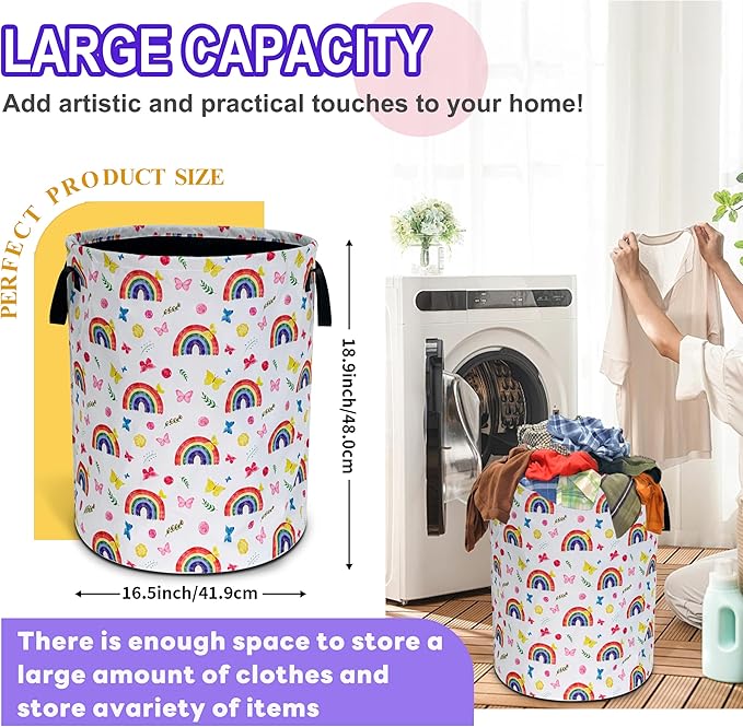 Rainbow Butterfly Laundry Basket Cartoon Oxford Cloth Laundry Hamper Funny With Handle Foldable Portable Clothes Storage Basket 18.9 X 16.5 In Storage Bag For Laundry Room/Bathroom/Bedroom/Dormitories