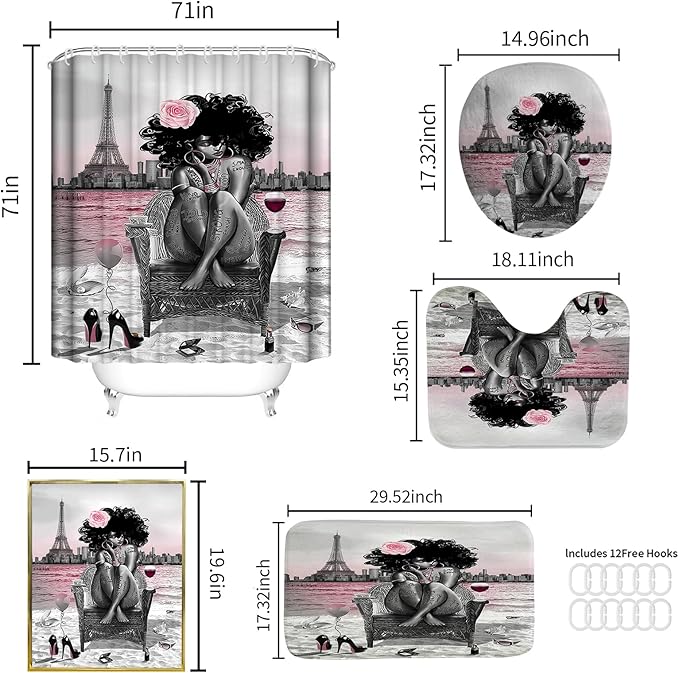 5Pcs Girly Shower Curtain Set with Rugs and Wall Painting, Pink and Black African American Shower Curtain Set, Parisian Style Modern Wall Decor, Bathroom Accessory Set