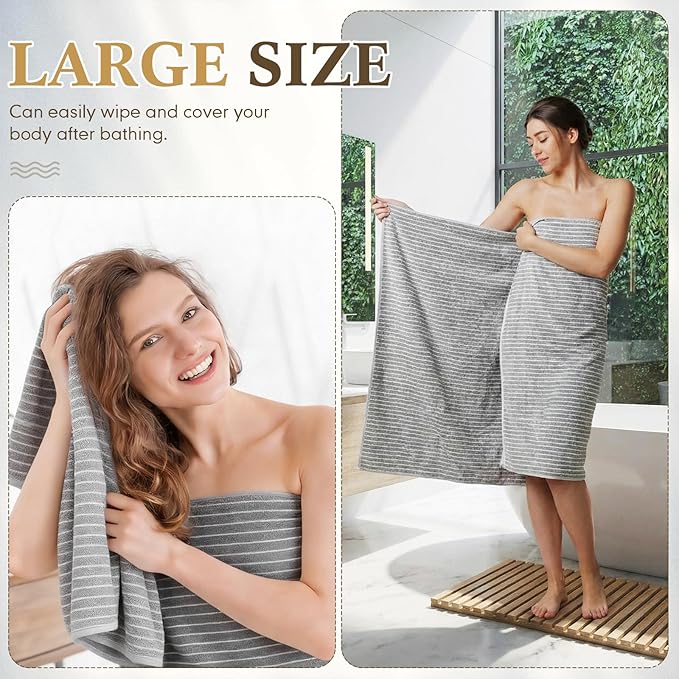 6 Pcs Oversized Bath Towels for Adults 35x70 Inches Gray & White Striped Extra Large Bath Towel Sets Bathroom Sheets Jumbo Shower Towels Quick Absorbent Soft Microfiber for Women Men