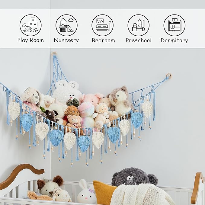 Pretty Jolly Macrame Stuffed Animal Hammock with Beads Hand Woven Leaf Tassels Corner Hanging Net Boho Plush Holder for Toys Kid Room Nursery Decor Easy Install Organizer for Girls Gift(Light Blue)