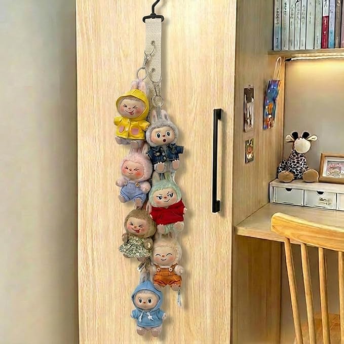 Plush Doll Hanging Storage Rope Display Rack with 8 Clips – Wall Hanging Organizer for Keychain Plushies, Mini Toys– Holds up to 3kg (White)