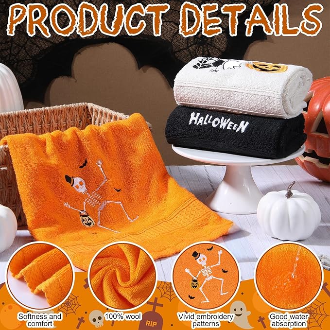 3 Pcs Halloween Hand Towels for Bathroom Embroidered Pumpkin Ghost Skull Bathroom Towel Farmhouse Decorative 13.78 x 29.53 Inch Absorbent Soft Cotton for Kitchen Dish Fast Drying Decor