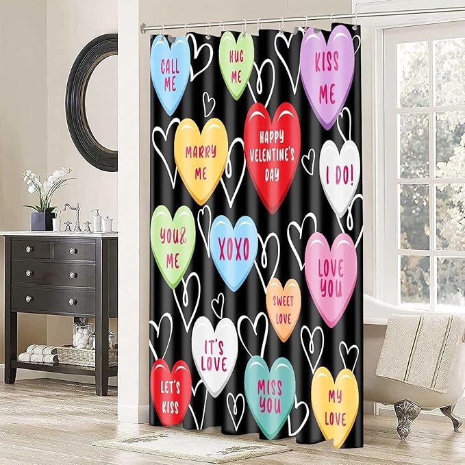 Happy Valentine Day Cute 36x72 Shower Curtain for Girls Love Me Kiss Me Red Black Love Hearts Romantic Shower Curtain Set Decor Bathroom Accessories Fabric Polyester Kid Bath Curtain with Hooks