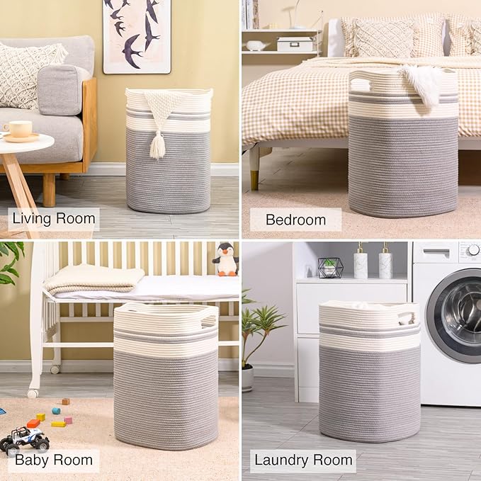 78L Laundry Hamper, Woven Rope Tall Laundry Basket with Handles, Decorative Blanket Basket for Bedroom, Bathroom, Collapsible Baskets for Toys, Clothes, 16”x14”x22”, White & Grey