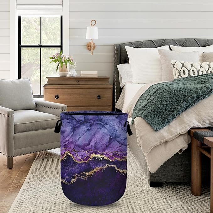 Purple Gold Marble Laundry Basket with Sturdy Handles, Collapsible Oxford Cloth Laundry Hamper Organizer Basket for Bathroom Bedroom 15.7x20 Inch