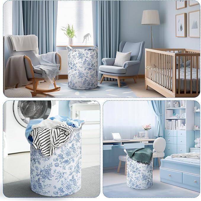 2 Pcs Laundry Basket Coquette Storage Basket for Girls Nursery Hamper with Handles Foldable Waterproof Collapsible Storage Bin Organizer for College Dorms Bathroom(Chinoiserie)
