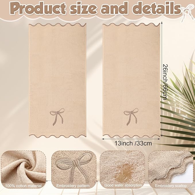 2 Pcs Brown Scalloped Hand Towels for Bathroom 26 x 13 Embroidery Coquette Bow Hand Towels 100% Cotton Soft Absorbent Boho Bath Decor for Kitchen Bathroom