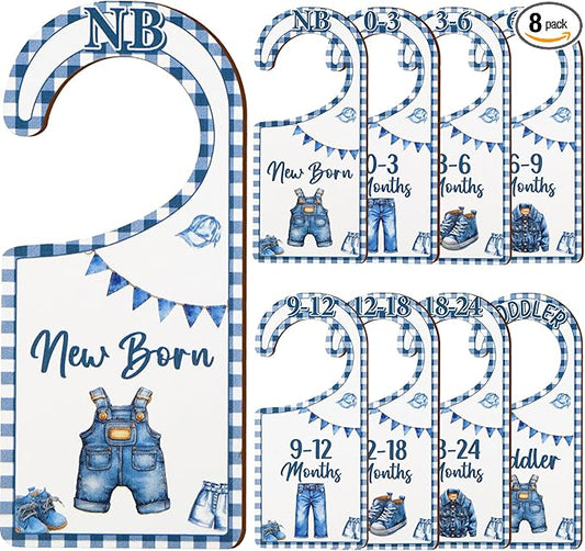 Baby Closet Dividers 8PCS, Denim Themed Wooden Double-Sided Clothes Size Hanger/Organizer from Newborn to Toddler, Blue Jean Nursery Decor Baby Shower Birthday Gender Reveal Party Gift