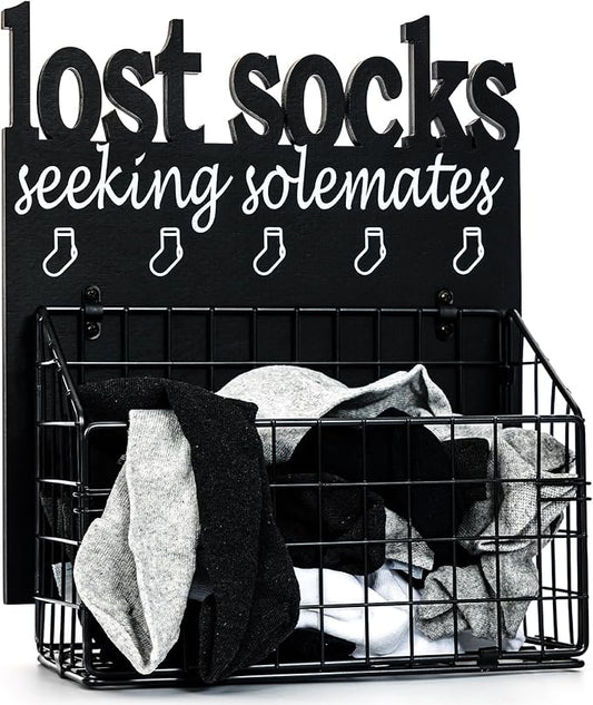 Lost Socks Basket for Laundry Room, Rustic Farmhouse Cutout Letters Organization, Home Wooden Decor And Accessories, Seeking Solemates Sign