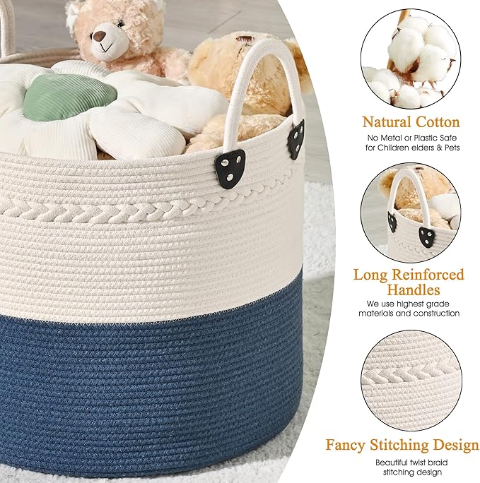 KAKAMAY Large Blanket Basket (18"x18"x16"),Woven Baby Laundry Hamper for Storage, Cotton Rope Blankets Baskets for Nursery, Laundry, Living Room, Pillows, Baby Toy chest with Handles (Navyblue)