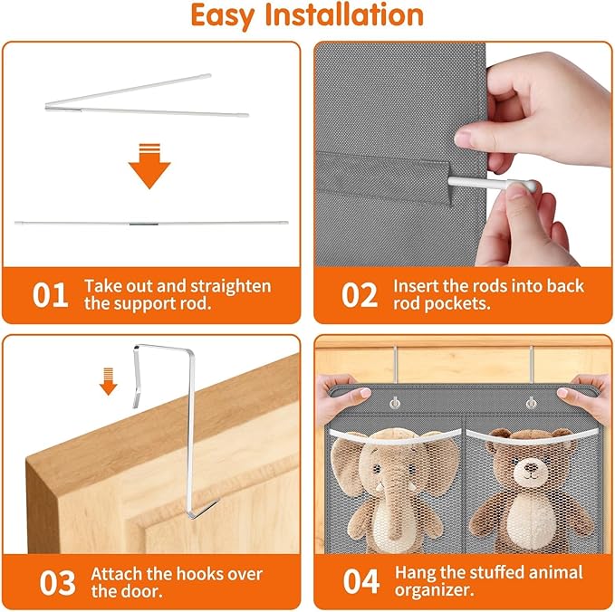 Stuffed Animal Storage - Large Over the Door Organizer with 6 Expandable Mesh Pockets & Metal Hooks, Non-Woven Fabric Hanging Plush Items Holder for Nursery, Bedroom, Playroom (Gray)