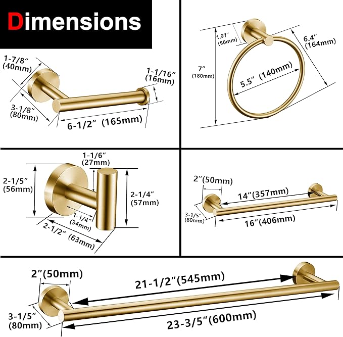 6 Pieces Brushed Gold Bathroom Hardware Accessories Set Hand Towel Ring 16&23.6 Inch Round Towel Bar Gold Toilet Paper Holder Towel Hooks 2 Pieces SUS 304 Stainless Steel, Heavy Duty, Wall Mounted