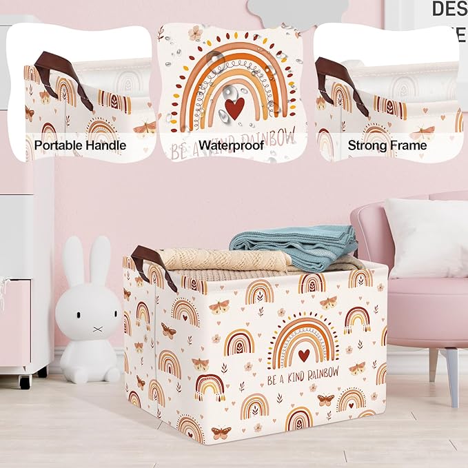 Clastyle Boho Rainbow Toy Basket Rectangle Butterfly Flower Pink Girl Basket Kid Room Decor Clothes Nursery Hamper Baby Gift Book Shelf Basket