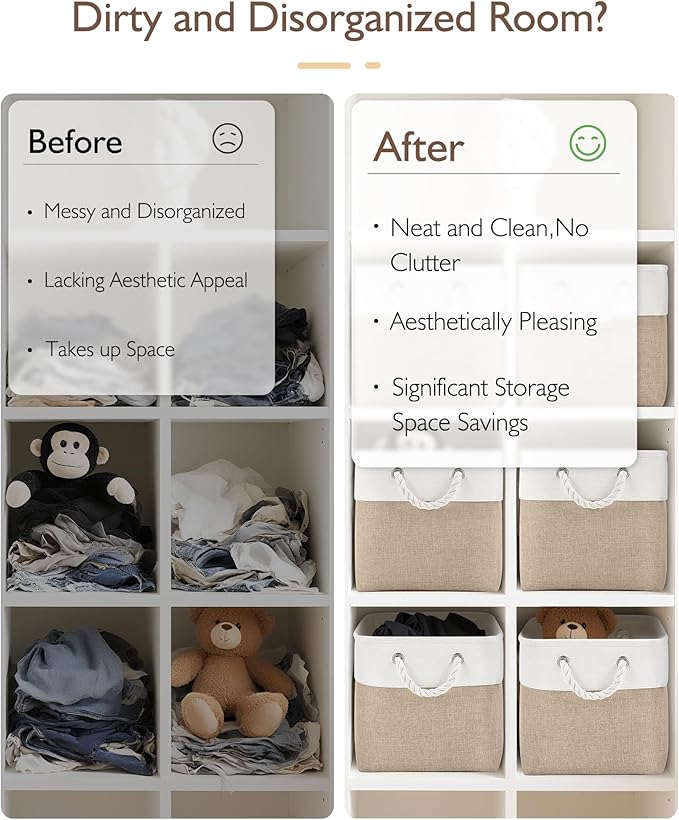 11 Inch Cube Storage Bins, 6 Pack Fabric Storage Cubes with Rope Handles, Organizer Baskets for Closet Shelves, Clothes and Home Organization(White/Khaki)
