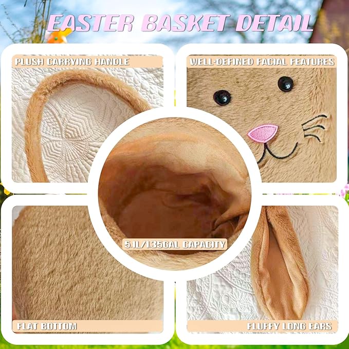 Easter Bunny Basket for Kids, Fluffy Easter Egg Hunt Bag Soft Fabric, Cute Rabbit Tote Bags with Long Plush Ear Easter Tote Bags for Candy Gifts Storage (Brown)