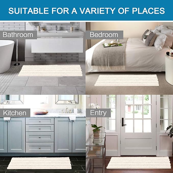 H.VERSAILTEX Bathroom Rugs Bath Rug Set 2 Piece Bathroom Contour Rug Toilet Mat Sets Non Slip Contour Bath Rug Ultra Thick Water Absorbent Striped Bath Mats Washable(47" x 17" Plus 20" x 20" U, Ivory)