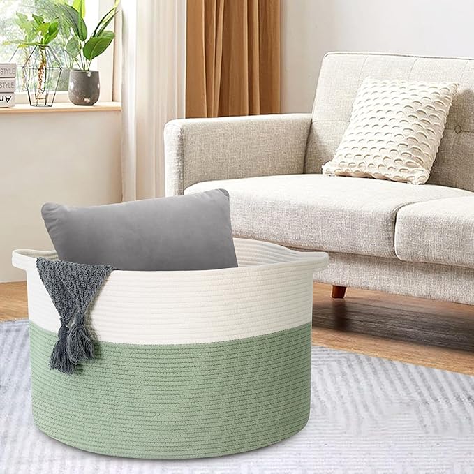 Extra Large Blanket Basket, 22" X 22" X 14" Kids Dog Toy Storage Bin Box, Nursery Baby Toddler Toy Organizer, Soft Cotton Rope Woven Bin, Large Basket for Blankets for Living Room, Green