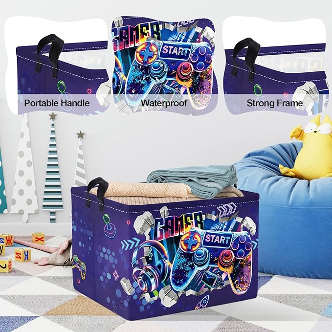 Clastyle Cool Game Storage Basket Kid Game Controller Clothes Laundry Hamper Collapsible Boy Toy Box for Nursery Palyroom,3D Purple,40 * 30 * 30 cm