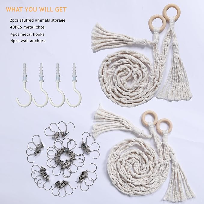 2 Pcs Cotton Stuffed Animal Storage Chain with 40pcs Metal Clips for Hanging Small Plush 80inch Wall Organizer Stuffed Animals Storage Holder for Hanging Nursery Play Room Wall Door (2Pcs White)