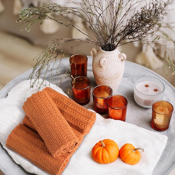 4 Pack Burnt Orange Hand Towels Waffle Striped Pattern 100% Cotton Soft Hand Towels for Bathroom 13 x 29 Inch Absorbent Waffle Washcloths for Bathroom Kitchen