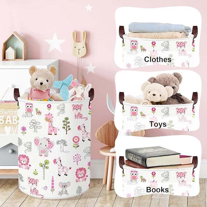 Clastyle Cute Forest Animal Laundry Basket Elephant Lion Kids Clothes Book Storage Basket Gift Toy Box for Bedroom Decor,Pink,36x45 cm