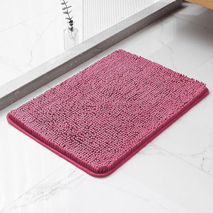 Hot Pink Bathroom Rugs 17"x24" - Plush Chenille Non-Slip Bath Mat - Absorbent, Washable, Soft and Thick Decor for Shower, Sink, Kitchen, Tub, Home Accessories