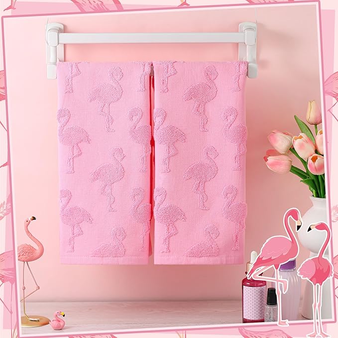 2pcs Flamingo Hand Towels for Bathroom 100% Cotton Jacquard Weave Bath Towel Set Absorbent Dish Washcloth for Bathroom Kitchen Tropical Summer Theme Gifts 13.8 x 29.5 Inch (Rose Pink)