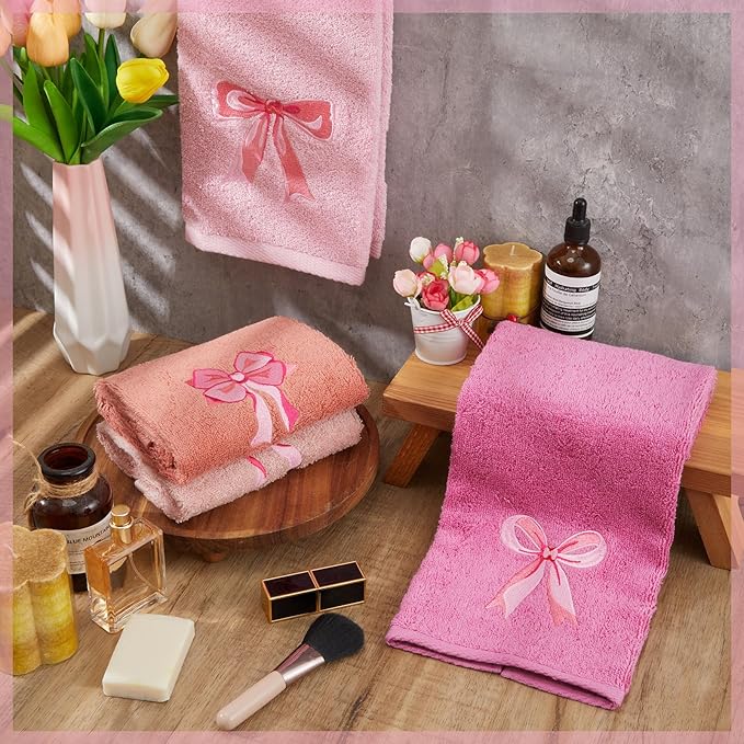 4 PCS Pink Bow Hand Towels Set 29" x 13" Coquette Bow Embroidered Decorative Towel Absorbent Kitchen Bath Preppy Decor for Hand Drying Bridal Shower Wedding Gift