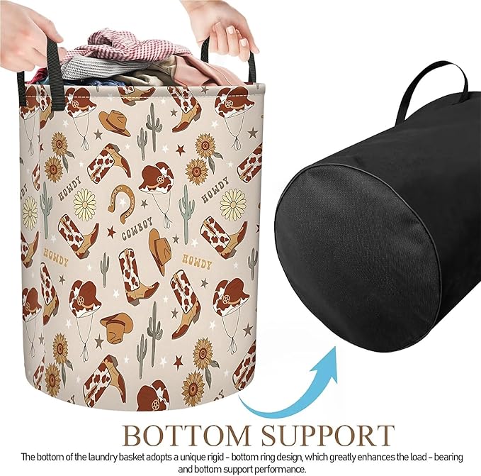 Western Cowboy Cactus Laundry Basket for Boy, Large Canvas Collapsible Organizer Storage Laundry Hamper Basket for Nursery,Office,Toy Organizer,Home,Decor - 19.7" X 15.7 "