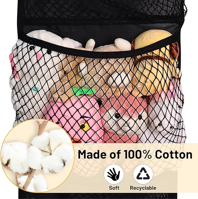 Ofiray-home Over The Door Stuffed Animal Storage, Cotton Toy Organizer for Storage Plush Toys, Stuffed Animal Holder with 4 Large Pockets, Hanging Door Organizer for Nursery, Bedroom (Black)