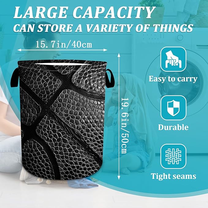 Basketball Texture Black Laundry Basket, Basketball Stripes Laundry Hamper Foldable Waterproof Tote Bag Dirty Clothes Storage Bucket Toy Organizer for Bathroom/Laundry/Bedroom 15.7"x19.6"