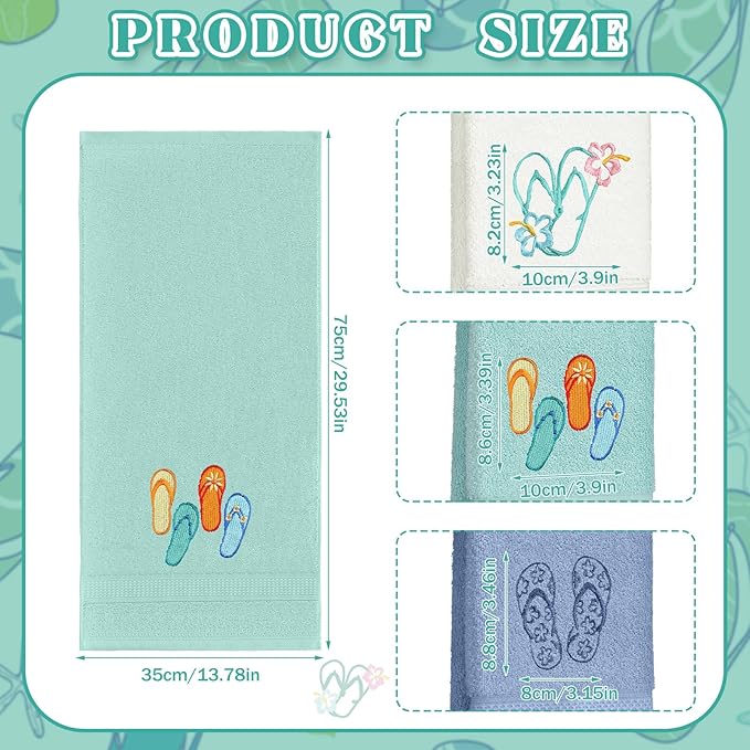 3 Pack Coastal Hand Towels for Bathroom 100% Cotton Embroidered Beach Bathroom Towels 13.78 x 29.53 Inch Soft Absorbent (Flip Flops)