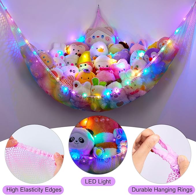 Unicorn Castle Stuffed Animals Net or Hammock Kids Toy Storage Organizer with LED Light Hanging Corner Stuffed Animals Holder Kids Girls Room Decor,Rainbow-A,XLarge (Pack of 1)