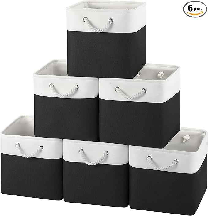 12x12 Storage Cube Bins, 6 Pack Reinforced Bottom Cardboard Foldable Box, Organizer for Closet Shelves, Heavy Home Storage Baskets (White Black)