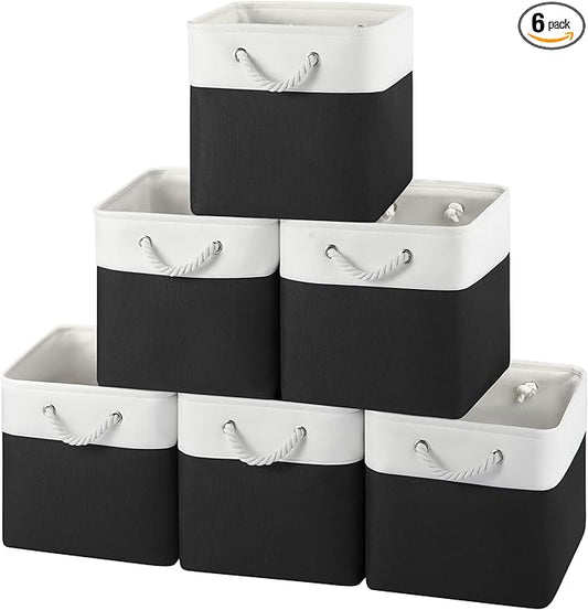 12x12 Storage Cube Bins, 6 Pack Reinforced Bottom Cardboard Foldable Box, Organizer for Closet Shelves, Heavy Home Storage Baskets (White Black)