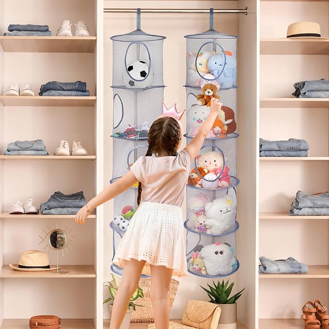 Basumee Stuffed Animals Net or Hammock 2 Pcs Stuffed Animals Storage Toy Net Hammock for Plushies Storage Organizer Mesh Girls Room Decor, Gray, 5 Tiers