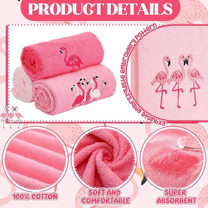 3 Pack Pink Flamingo Hand Towels for Bathroom 100% Cotton Embroidered Beach Bathroom Towels 13.78 x 29.53 Inch Soft Absorbent (Pink, Flamingo)