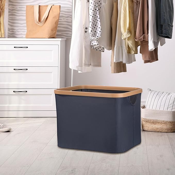 50L Foldable Laundry Basket,Versatile Storage Basket with Bamboo Borders for Bedroom,Office,Dorm.Great for Use as a Hamper with Lid, Towel Hamper for Wet Towels,Grey,Uncapped,3 Pack