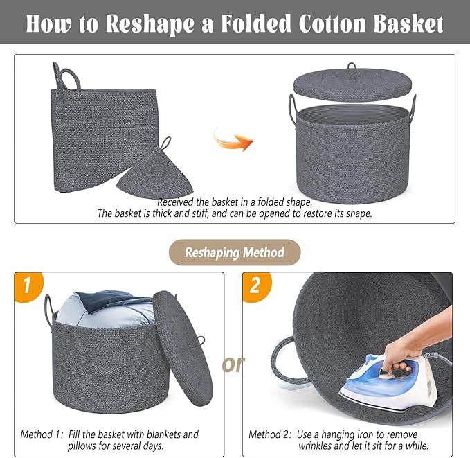 21" x 18" Extra Large storage baskets,Decorative blanket basket with lid for Living room,rope baskets with lid,wicker hamper for bedroom,Big,Round,Dark Grey